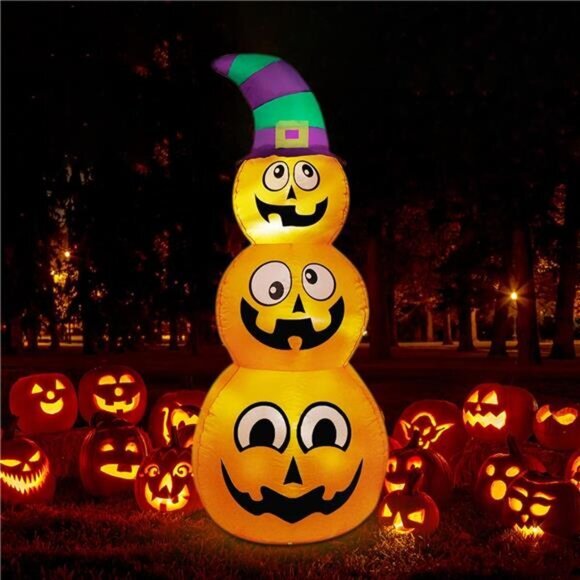 5 FT Halloween Inflatable Stacked Pumpkins w/ Witch Hat - LED Lighted Yard Decor - Picture 5 of 7